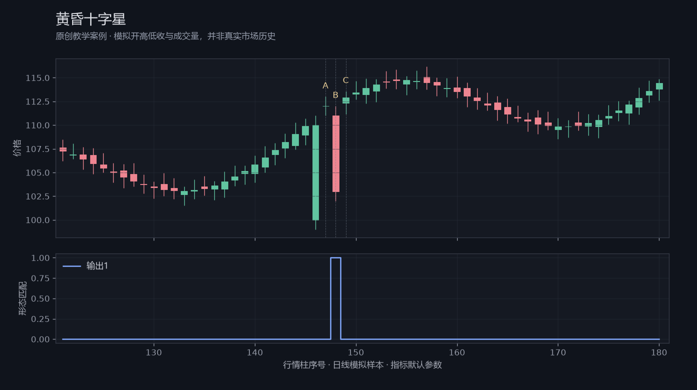 黄昏十字星原创模拟行情图，标出甲乙丙观察位置、价格与指标输出