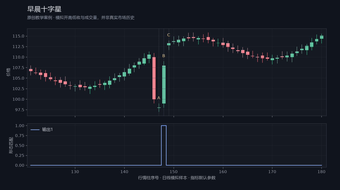 早晨十字星原创模拟行情图，标出甲乙丙观察位置、价格与指标输出