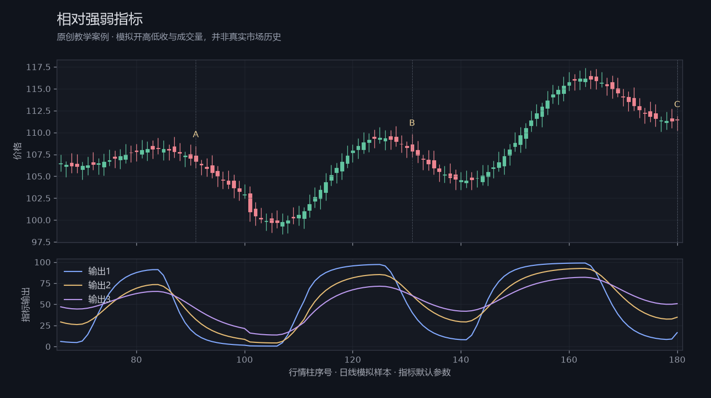 相对强弱指标原创模拟行情图，标出甲乙丙观察位置、价格与指标输出